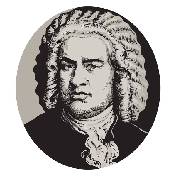 Johann Sebastian Bach. Grande compositor e músico alemão. Retrato vetorial no estilo de gravação . — Vetor de Stock