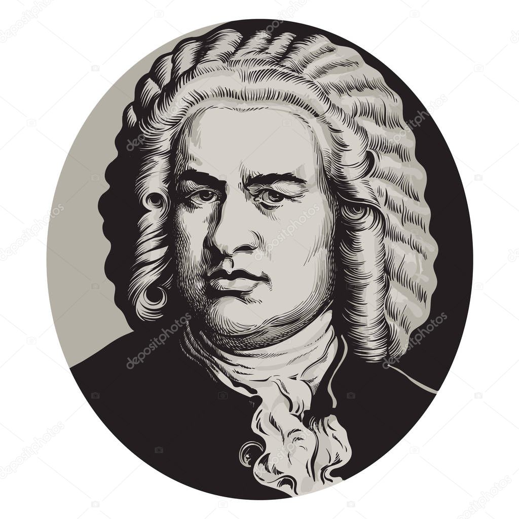 Johann Sebastian Bach. Great German composer and musician. Vector portrait in the style of engraving.