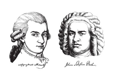 Wolfgang Amadeus Mozart and Johann Sebastian Bach. Vector. clipart