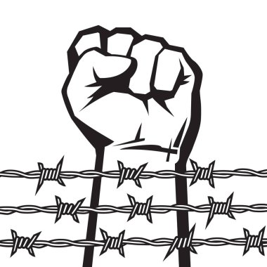 Yumruk el arkasında dikenli tel ile elini kaldırdı. Şiddet ve adaletsizlik karşı protesto. Mücadele, özgürlük için mücadele. Siyah ve beyaz poster. İzole vektör çizim.