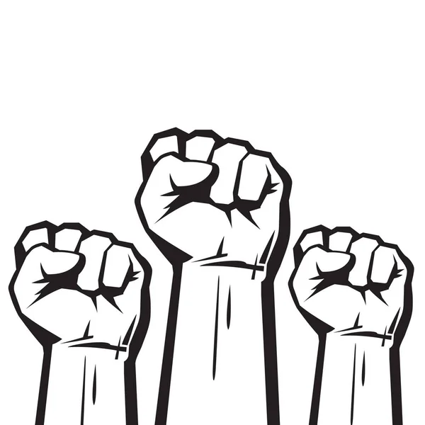 Clenched fists raised in protest. Three human hands raised in the air. Vector. — Stock Vector