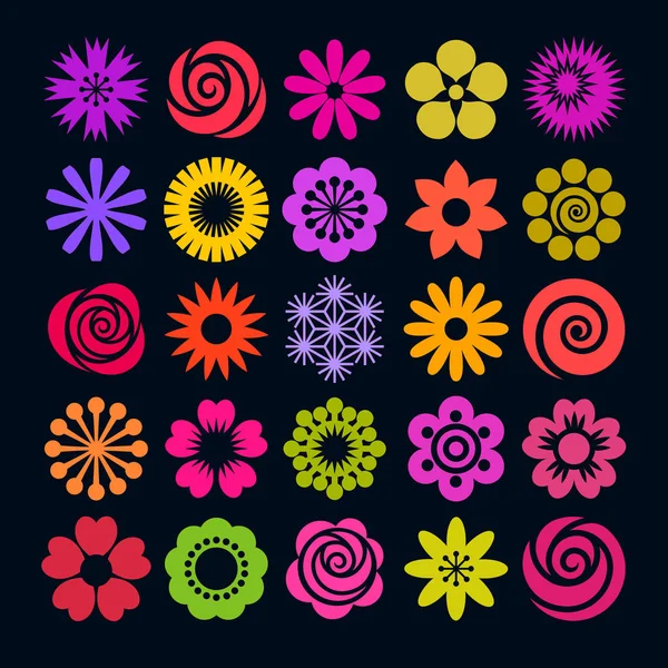 Ensemble d'icônes de fleurs de couleur vive dans un style plat. Vecteur . — Image vectorielle