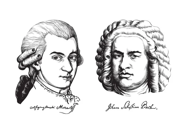 Wolfgang Amadeus Mozart ve Johann Sebastian Bach. Vektör.
