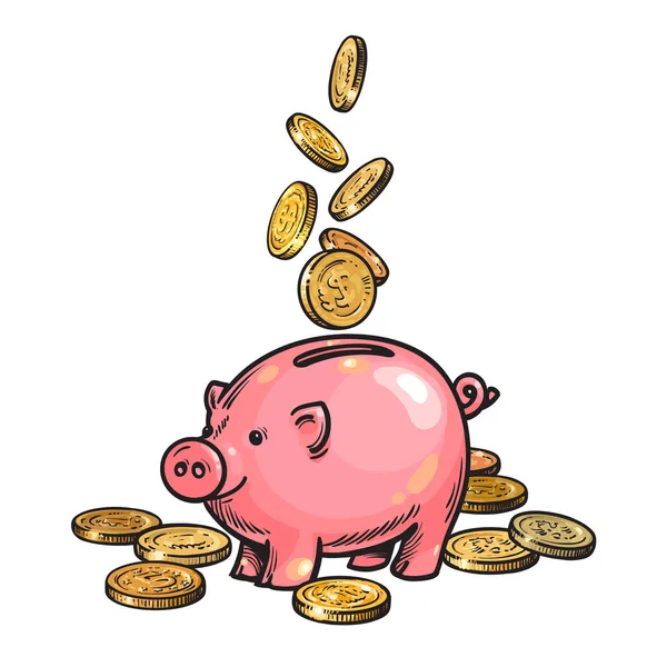 Banco porquinho dos desenhos animados com moedas em queda. Vetor . — Vetor de Stock