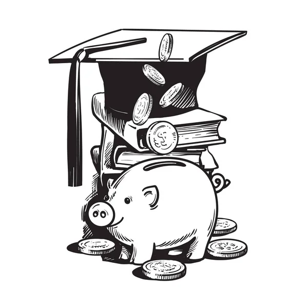 Κουμπαράς καρτούν με καπέλο αποφοίτησης, πτώση χρήματα, στοίβα από βιβλία. — Διανυσματικό Αρχείο