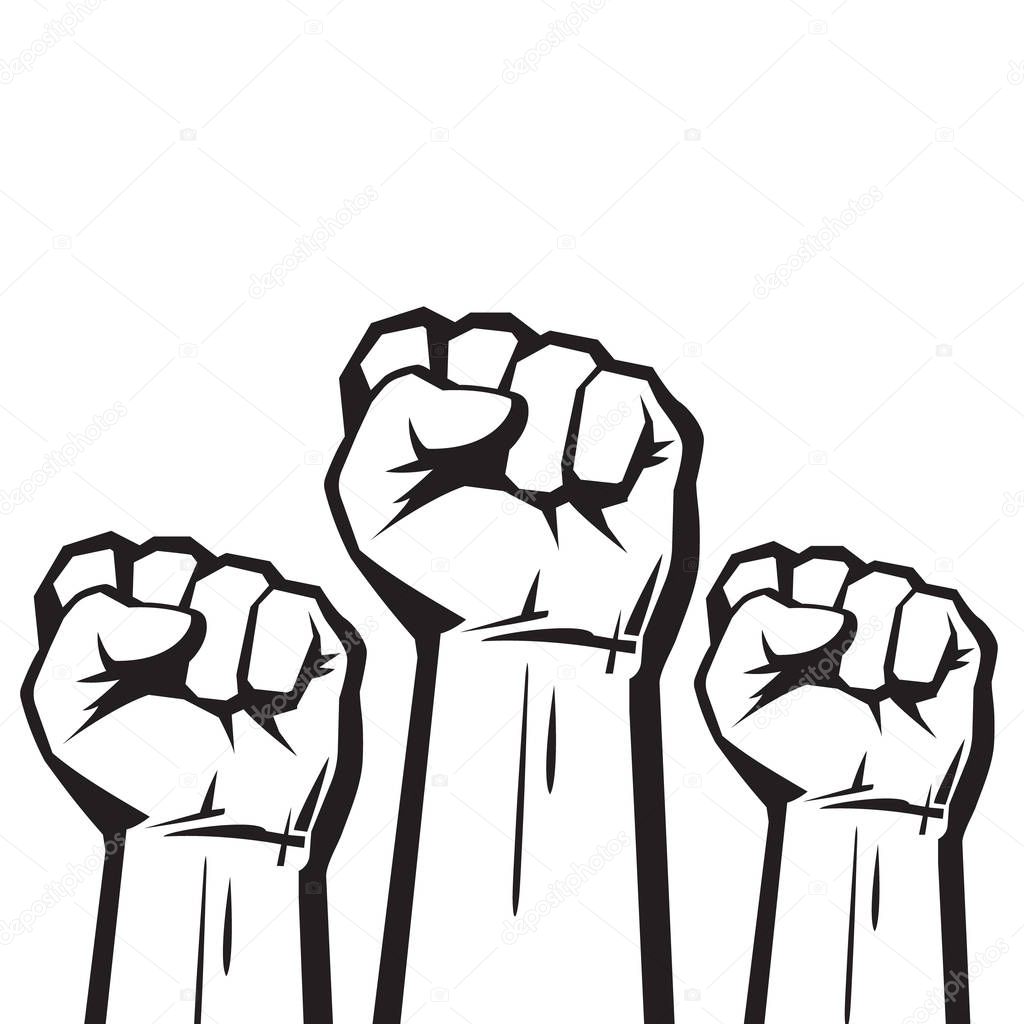 Clenched fists raised in protest. Three human hands raised in the air. Vector.