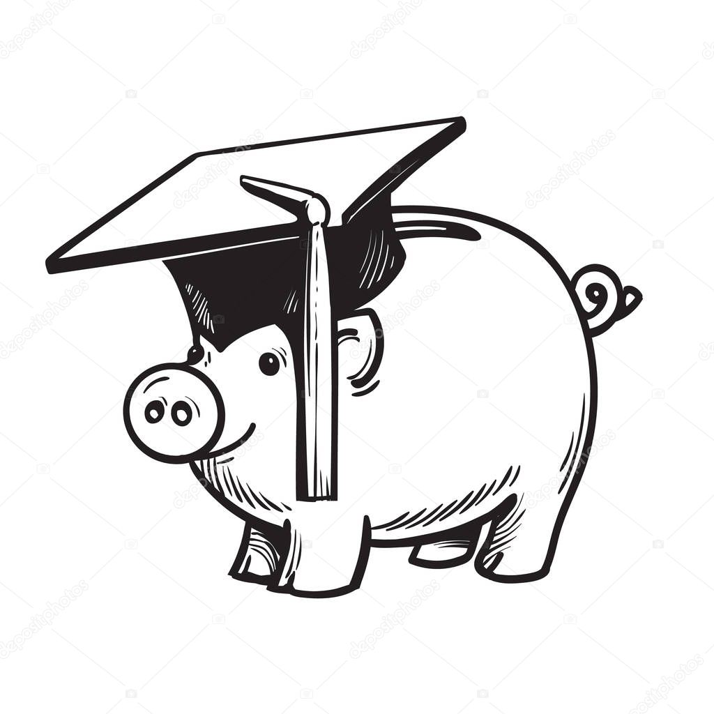 Piggy bank in Graduation hat. Saving plan for education, student loan, financial aid concept. Vector.