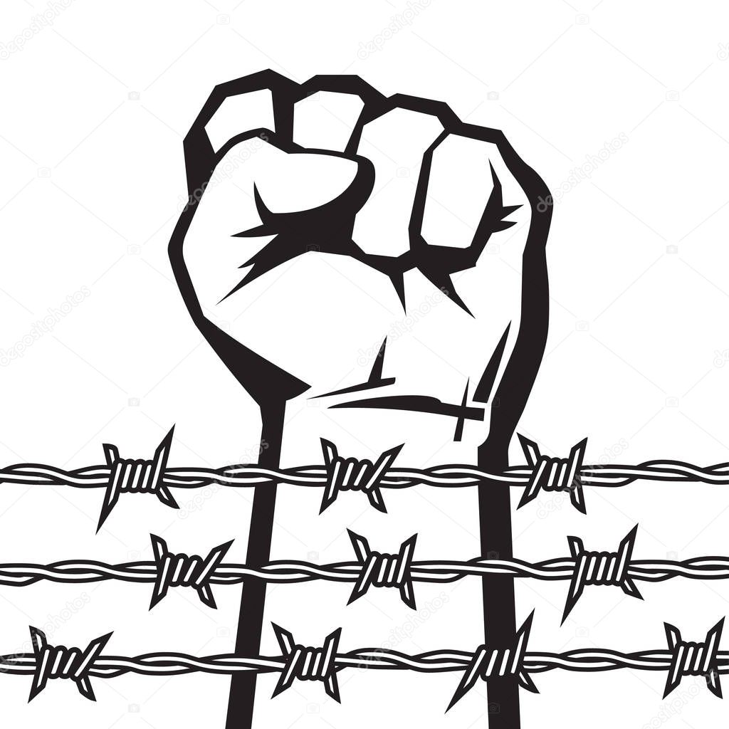 Raised hand with clenched fist behind barbed wire. Protest against violence and injustice. Struggle, fight for freedom. Black and white poster. Isolated vector illustration.