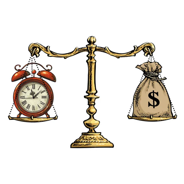 Tempo é conceito de dinheiro. Saco de dólares e relógio de bolso em escala. Vetor —  Vetores de Stock