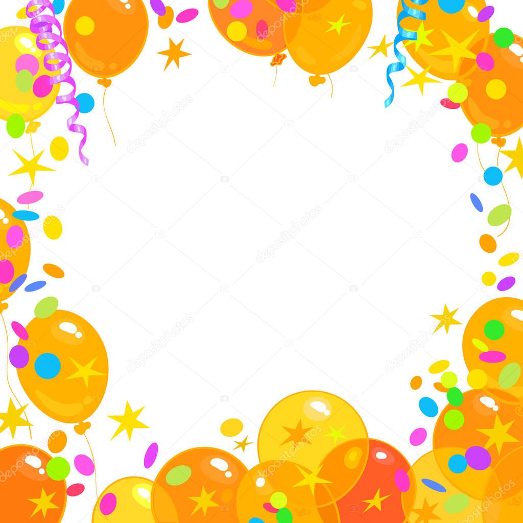 Balloons, confetti, serpentine frame with place for text. Holiday background