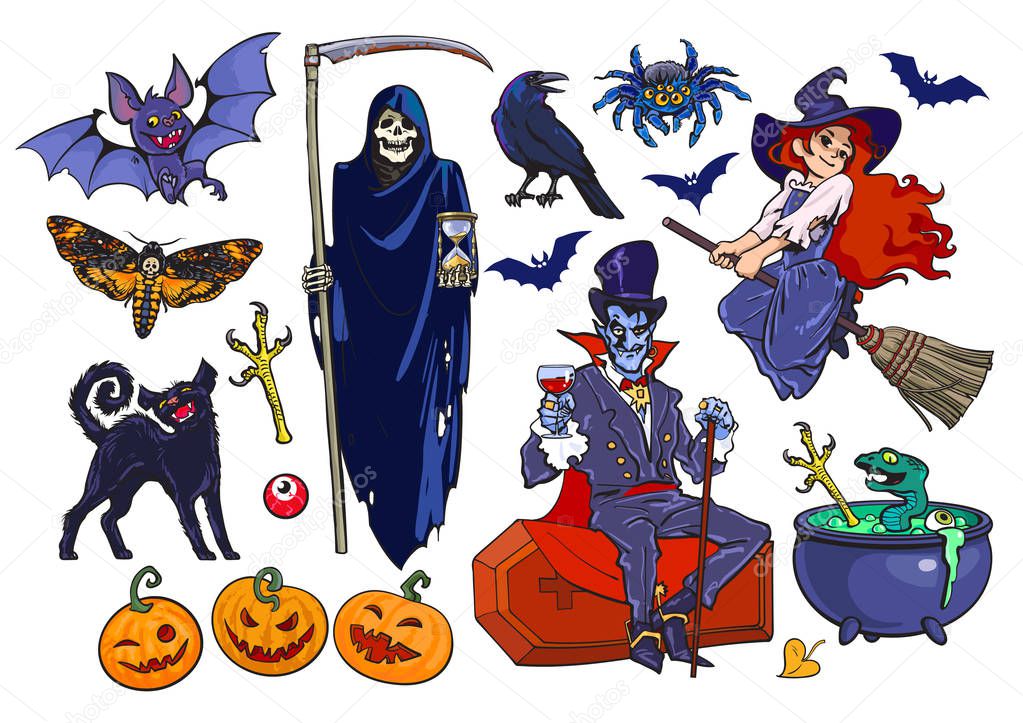 Big set of Halloween cartoon characters and objects. Hand drawn vector.