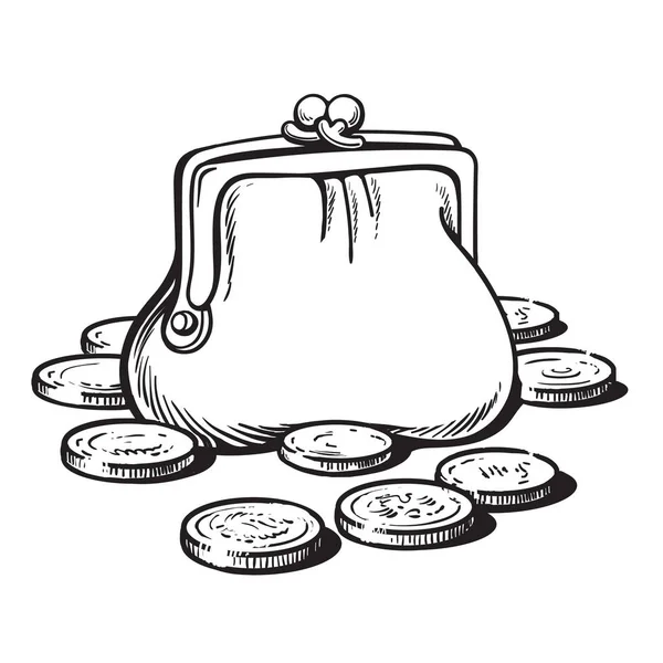 Ескіз гаманця з монетами. Мультфільм стиль руки намальований вектор — стоковий вектор