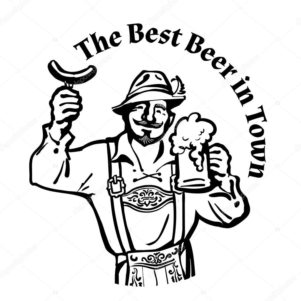 Cheerful Bavarian man with beer mug and sausage leaning on barrel Hand drawn vector illustration in vintage sketch style isolated on white background.Beer logo.