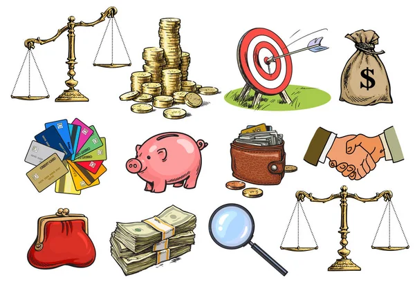 Cartoon Business Set. Waagen, Stapel von Münzen, Sack voller Dollars, Kreditkarten, Handschlag, Geldbörse, Geldbörse, Sparschwein, Zielscheibe, Pfeil, Lupe. — Stockvektor