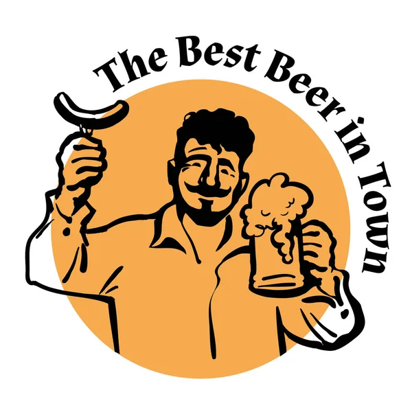 Άνθρωπος με κούπα μπύρα και το λουκάνικο. Twxt την καλύτερη μπύρα στην πόλη. Διάνυσμα. — Διανυσματικό Αρχείο