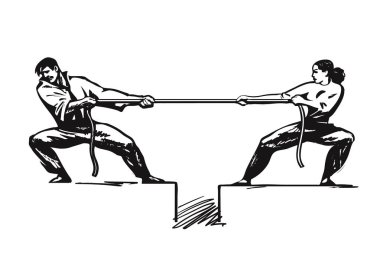 Tug of war. Man and woman are pulling rope. Business competitive concept. Couple fighting. Gender conflict. Psychology of relationships. Vector clipart