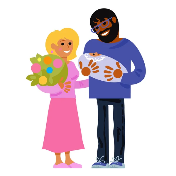 Glückliche Eltern mit neugeborenem Baby. Zeichentrickvektorillustration — Stockvektor