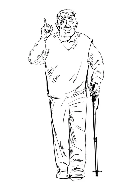 Esbozo de un anciano sonriente caminando con un bastón de rastreo. Ilustración vectorial dibujada a mano aislada — Archivo Imágenes Vectoriales
