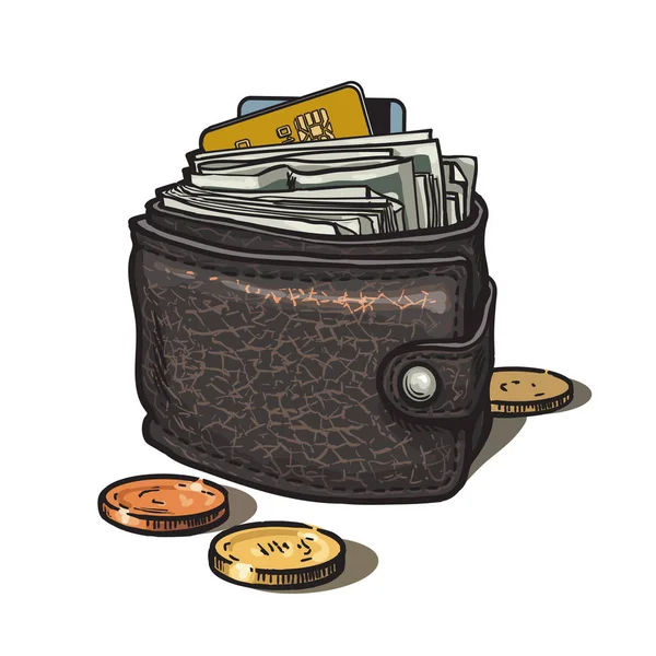 Lederen portemonnee met geld, creditcard en munten. Vector illustratie hand getrokken in cartoon stijl. — Stockvector