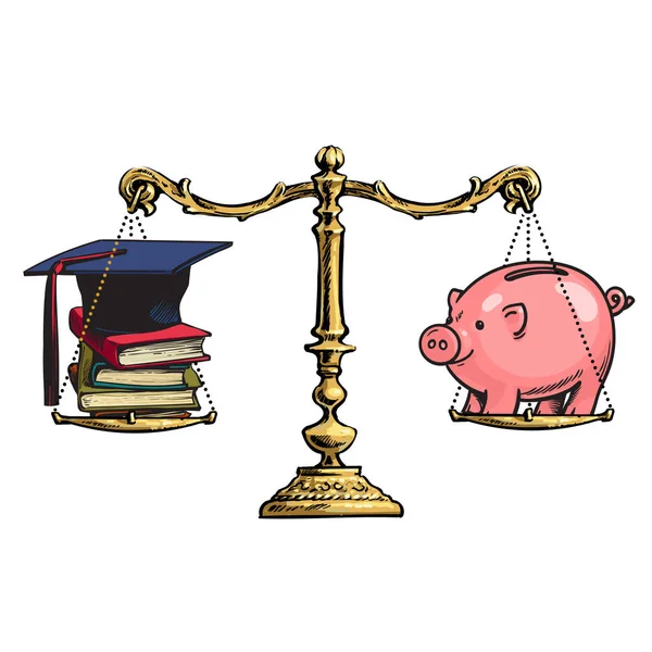 Graduation cap, books and piggy bank on old golden scales. Price of education. Vector. — Stock Vector