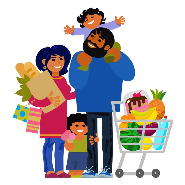 幸せな若い家族のショッピング。父、母と買い物袋や買い物カゴと子供たち。ベクトル. — ストックベクタ