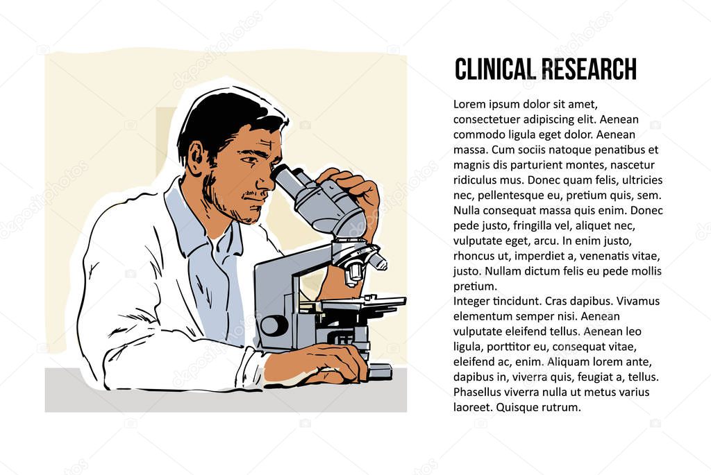 Sketch of young scientist looking through microscope. Place for text with title Clinical Research. Vector.