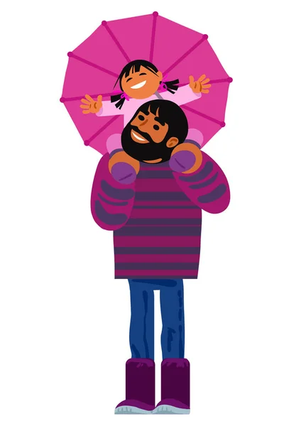 Отец носит свою маленькую дочь на плечах. Счастливая семья под зонтиком. Мультяшный вектор . — стоковый вектор
