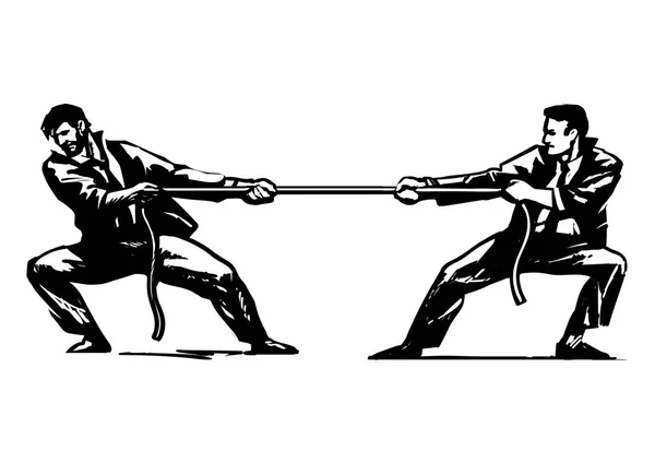 綱引き。2 人のビジネスマンは、ロープを引いています。ビジネス競争の概念。スケッチ風手描きの背景. — ストックベクタ