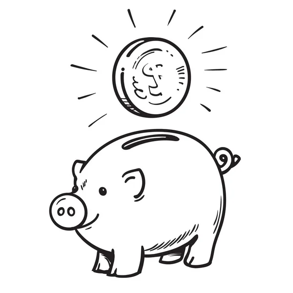 Porquinho dos desenhos animados com moeda. Esboço preto e branco. Ilustração vetorial desenhada à mão . — Vetor de Stock