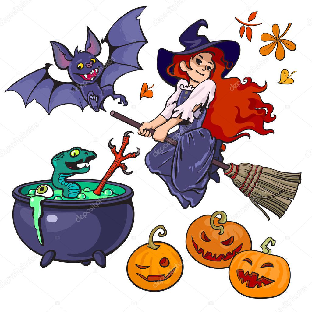 Cartoon Halloweens set characters and objects. Little witch flying on broom stick, vampire bat, cauldron, serpent, eyeball, bird claw, pumpkins.