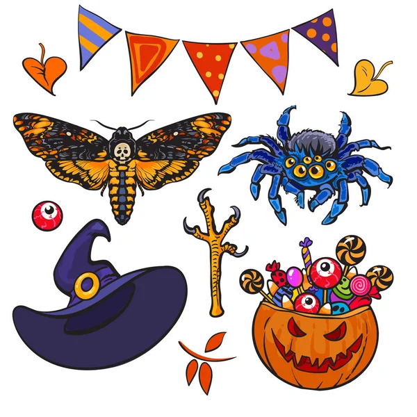 Cartoon Halloween set. Hand drawn collection of witch craft deaths head hawk moth, spider, witch hat, eyeball, pumpkin full of candies. — Stock Vector