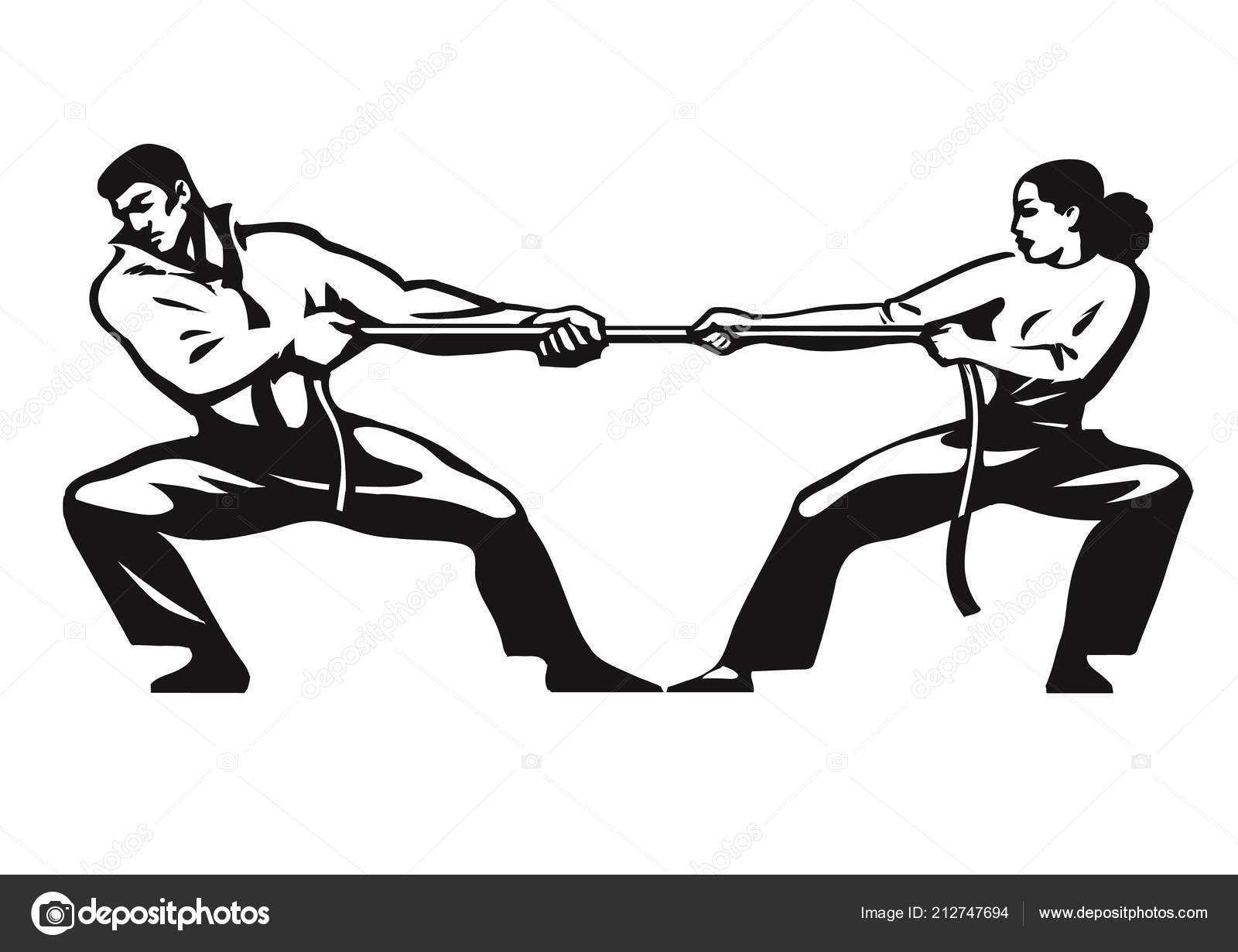 Tug of war. Man and woman are pulling rope. Business competitive concept.  Couple fighting. Gender conflict. Psychology of relationships. Vector Stock  Vector by ©UncleLeo 212747694