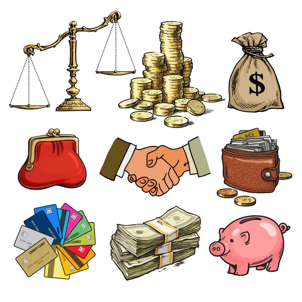 Cartoon business finance money set. Escalas, pilha de moedas, saco de dólares, cartão de crédito, aperto de mão, papel-moeda, bolsa. carteira, mealheiro — Vetor de Stock