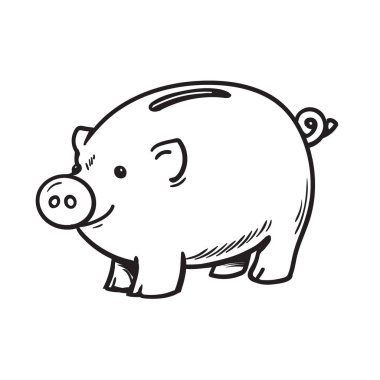 Komik piggy banka taslağını siyah ve beyaz. Vektör çizim.