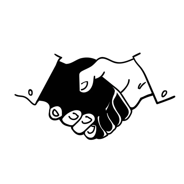 Black and white human hands in a handshake. Hand drawn vector sketch style illustration. — Stock Vector