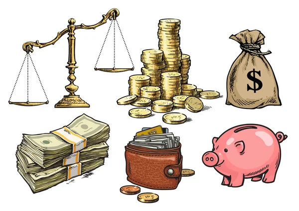 Finanças, dinheiro pronto. Escalas, pilha de moedas, saco de dólares, papel-moeda, carteira, porquinho. Vetor desenhado à mão . — Vetor de Stock