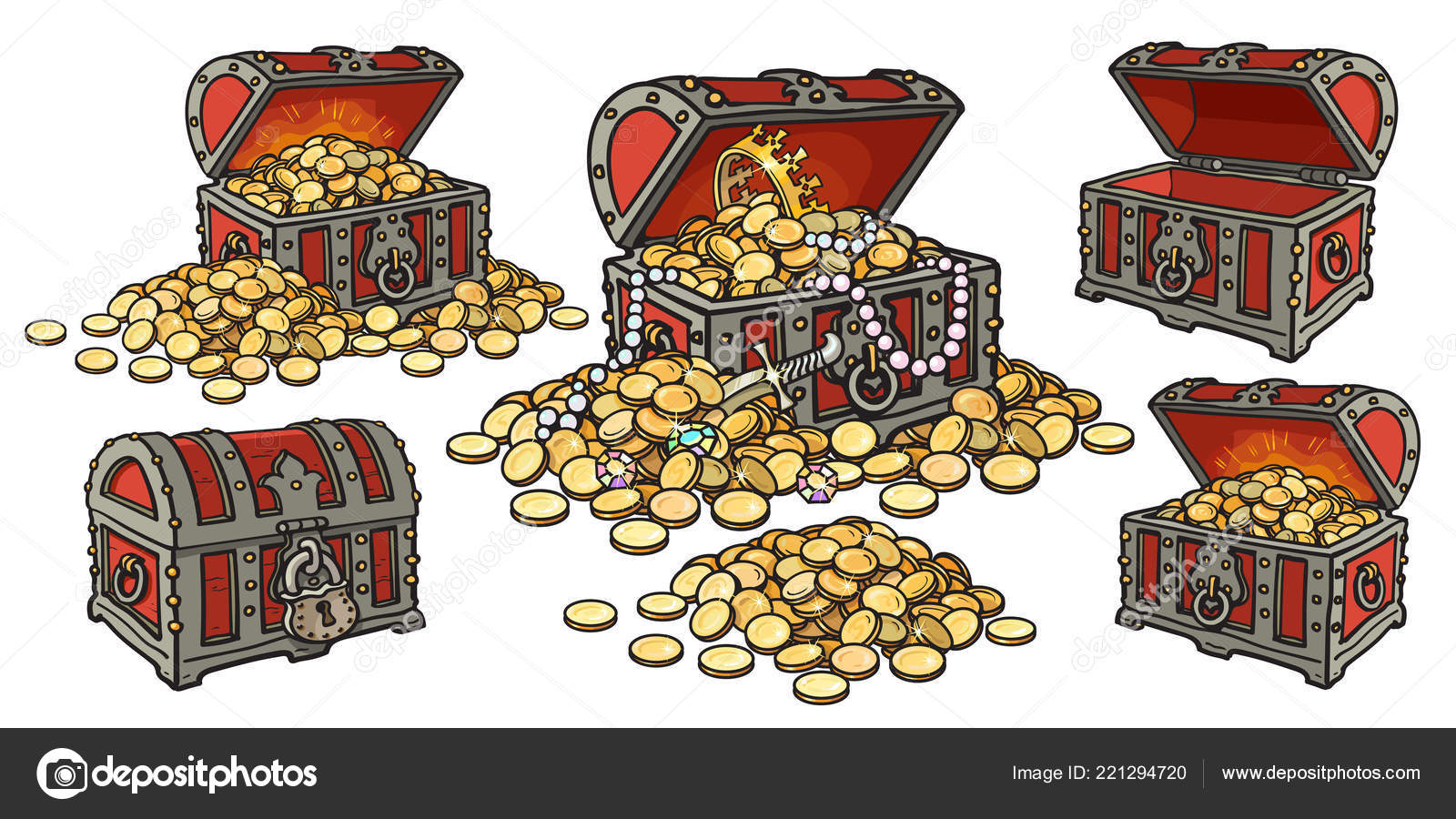 Baú de pirata com ouro e joias riqueza ilustração desenhada à mão isolada  em fundo branco