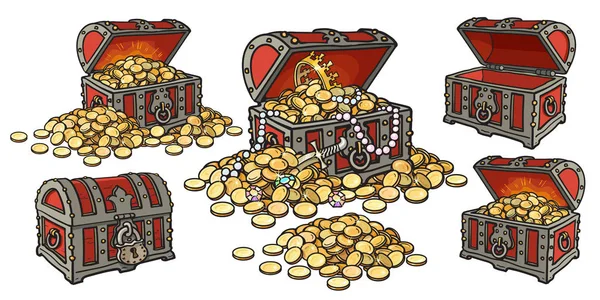 Korsan hazine sandıkları açık ve kapalı, boş ve dolu altın ve mücevher dizi karikatür. Altın para yığını. Çizilmiş vektör çizim el.
