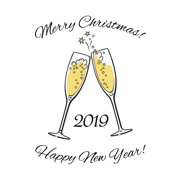 Due bicchieri scintillanti di champagne. 2019 Buon Natale e felice anno nuovo testo. Illustrazione del vettore disegnato a mano . — Vettoriale Stock