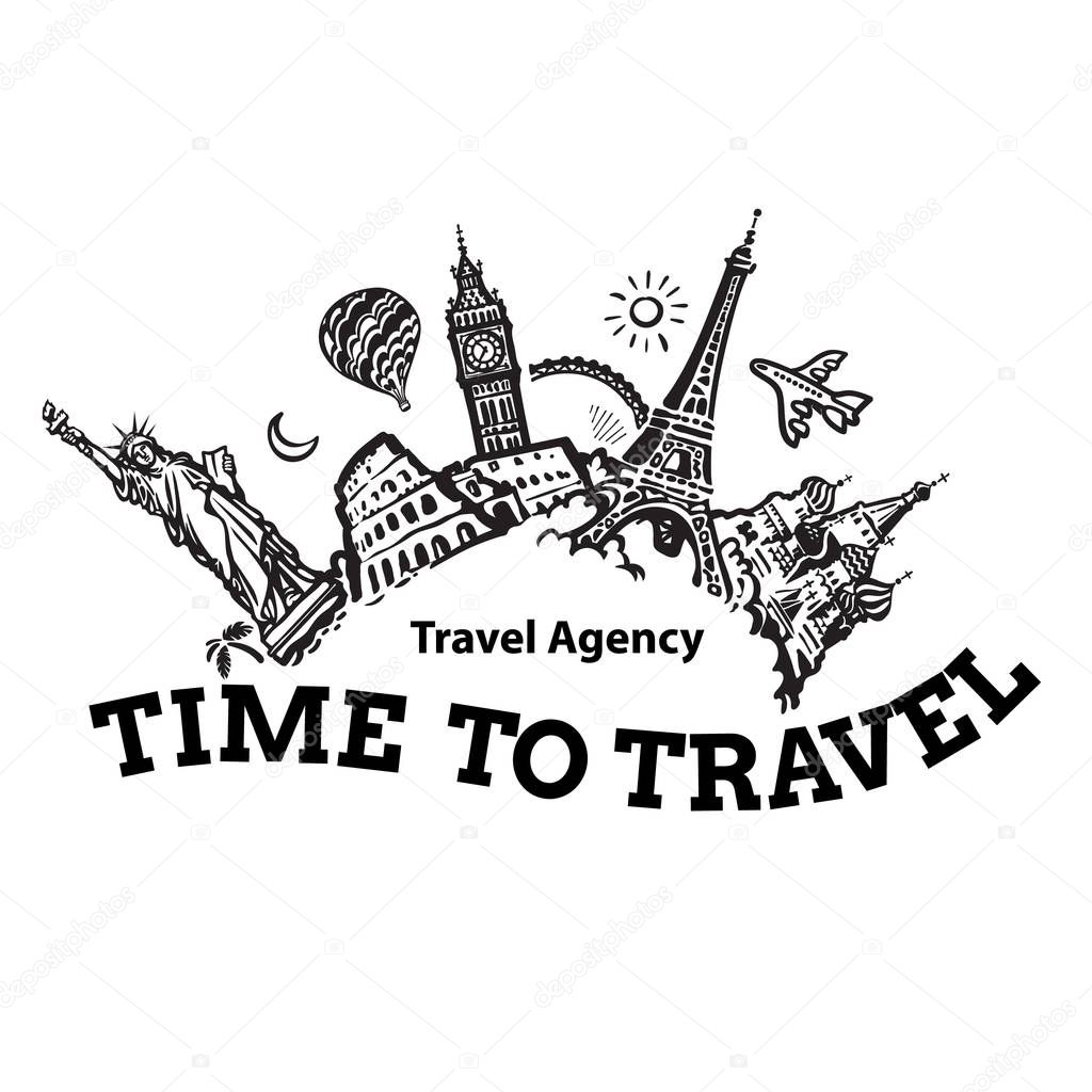 Travel agency signboard. Travel and tourism background. Famous world landmarks located around the globe. Hand drawn sketch vector illustration.