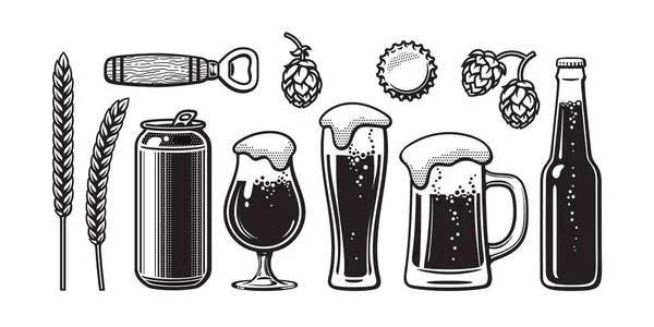 复古啤酒套装。大麦, 小麦, 罐头, 玻璃, 杯子, 瓶子, 开瓶器, 啤酒花, 瓶盖。向量例证。啤酒节, 酒吧, 酒吧设计. — 图库矢量图片