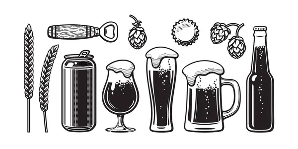 Vintage bira kümesi. Arpa, buğday, can, bardak, kupa, şişe, açacağı, hop, şişe kapağı. Vektör çizim. Bira, bira festivali, bar, pub tasarım.