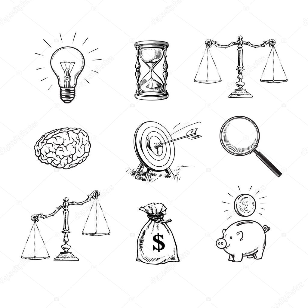 Business concepts set. Light bulb, hourglass, scales, brain, target, magnifying glass, sack of dollars, piggy bank. Black and white hand drawn vector.