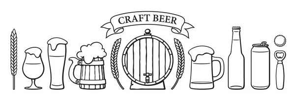 Beer objects set. Beer glasses of different shape, mugs, old wooden barrel, bottle, can, opener, cap, barley, wheat, ribbon banner. Black and white isolated vector illustration. — Stock Vector
