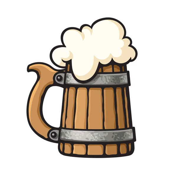 Taza de cerveza de madera de dibujos animados con espuma. Elemento de diseño para cervecería, festival de cerveza, bar, pub. Ilustración vectorial dibujada a mano . — Vector de stock