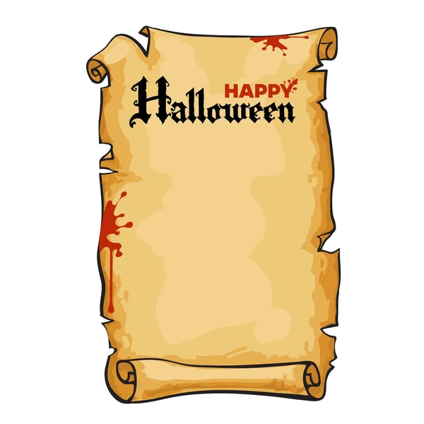Vecchio rotolo di carta, testo Buon Halloween in stile gotico. Antica pergamena con macchie di sangue, copiare spazio. sfondo vacanza vettoriale . — Vettoriale Stock