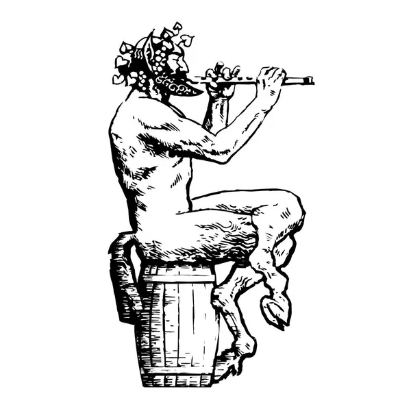 Satyr sentado em barril de madeira e tocando flauta. Elementos de design para lista de vinhos, cartão de menu, tatuagem, Grécia ou Itália cartaz da agência de viagens. Vetor desenhado à mão . —  Vetores de Stock