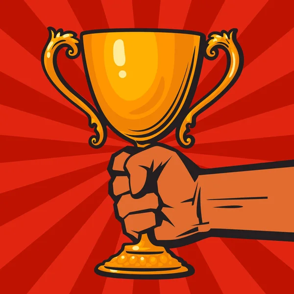 Ruka držící vítězové gold cup, trofej, award. Ručně kreslenou vektorové ilustrace izolované na pozadí s červenými paprsky. — Stockový vektor