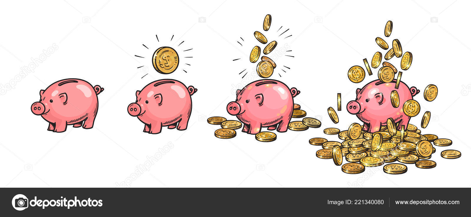 Cartoon piggy bank set. Empty, with one coin, with falling coins, heaped over money. Wealth and success concept. Hand drawn vector illustration. Stock Vector Image by ©UncleLeo #221340080 Cartoon piggy bank set. Empty, with one coin, with falling coins, heaped over money. Wealth and success concept. Hand drawn vector illustration. Stock Vector Image by ©UncleLeo #221340080