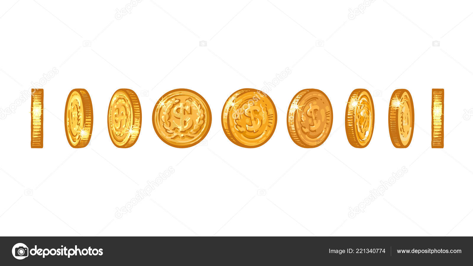 Set Of Gold Coins With Dollar Symbol In Different Positions - 